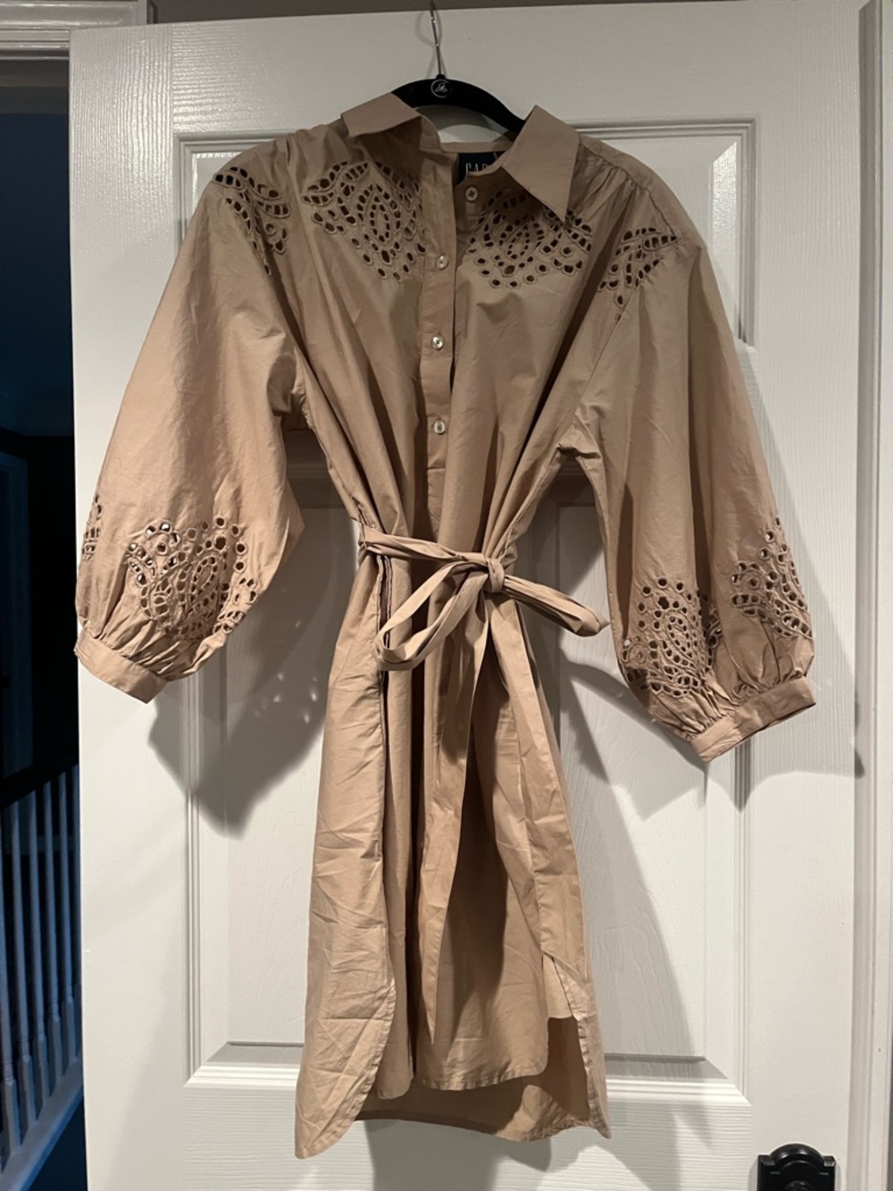 GAP Tan Eyelet-Detail Tie-Waist Midi Shirt Dress